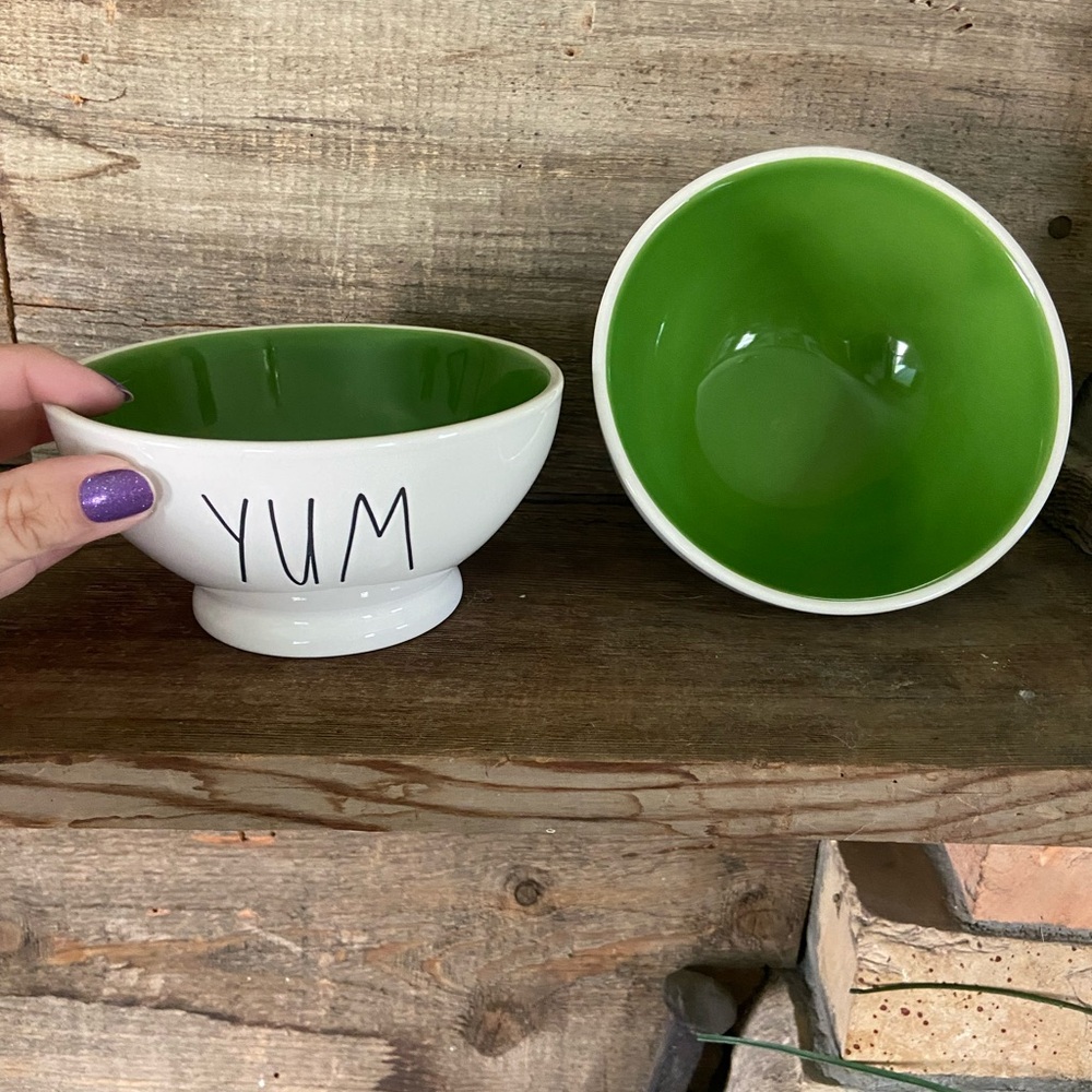Rae Dunn Green Yum footed bowls set of 2 matching